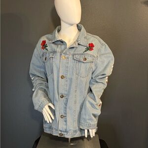 Rue21 Light Blue Jean Denim Worldwide Culture Jacket Red Floral Embroidery Sz Lg